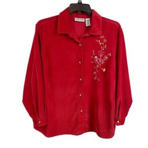 Vintage Embroidered Cotton Corduroy Button Front Shirt Top 2X Autumn Red Y2K
